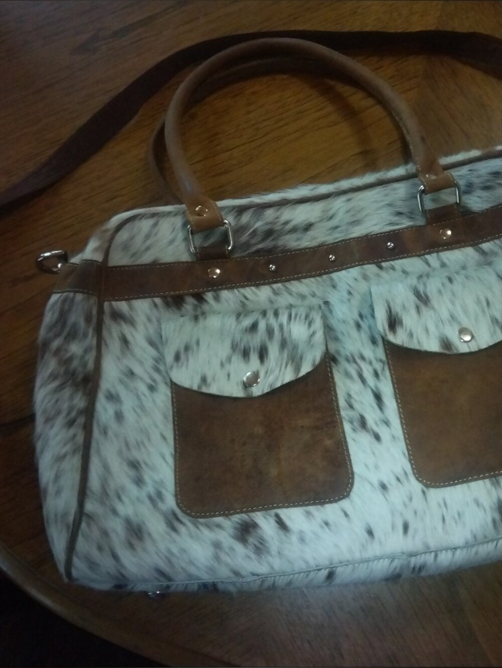 White and Brown Spotted Haircalf Messenger Bag with Brown Trim